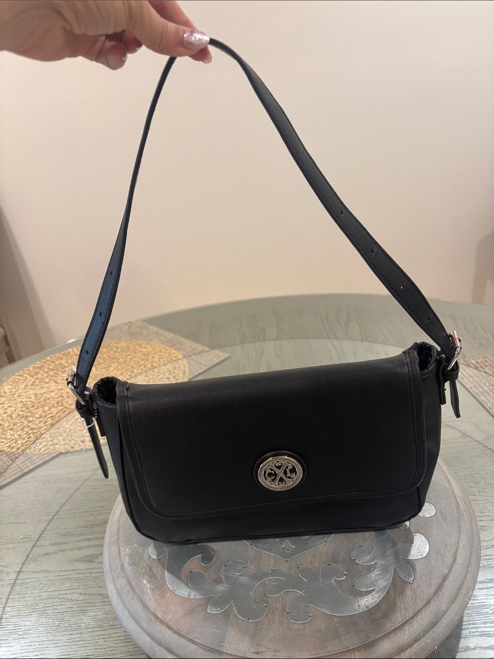 Chritian Lacroix Black Leather Shoulder Bag with Logo Medallion